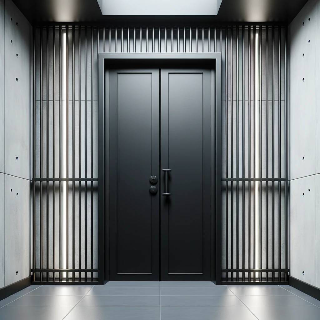 6. Sleek Black Metal Door with Vertical Bars